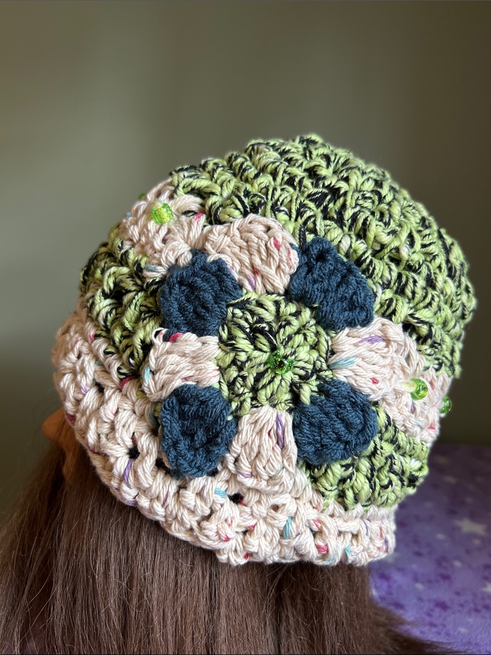 Crocheted cotton beanie Floral Beanie in Green and black design medium new